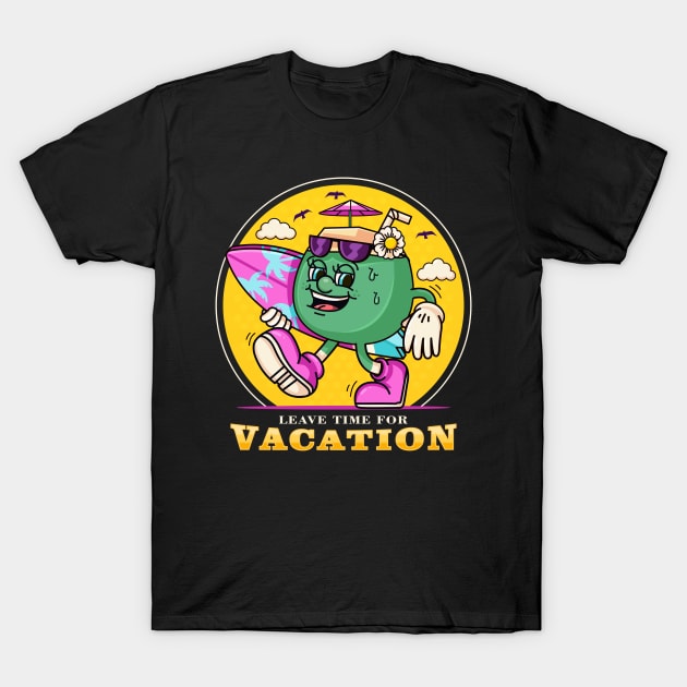 Vacation, cartoon mascots drink young coconuts while carrying surfboards T-Shirt by Vyndesign